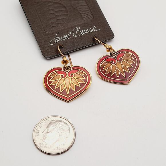 Vintage Laurel Burch Hollyhock Red Enamel Gold Plate 1988 Earrings Original Card - Picture 7 of 10